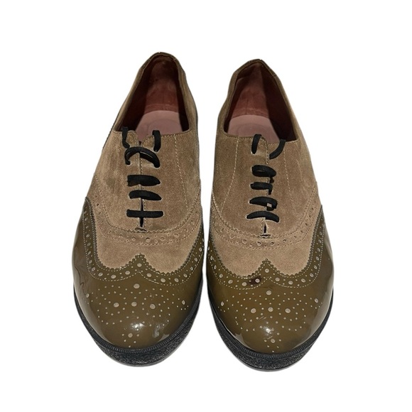 Robert Clergerie lace up platform oxfords leather 9 1/2 green and tan - Picture 6 of 11
